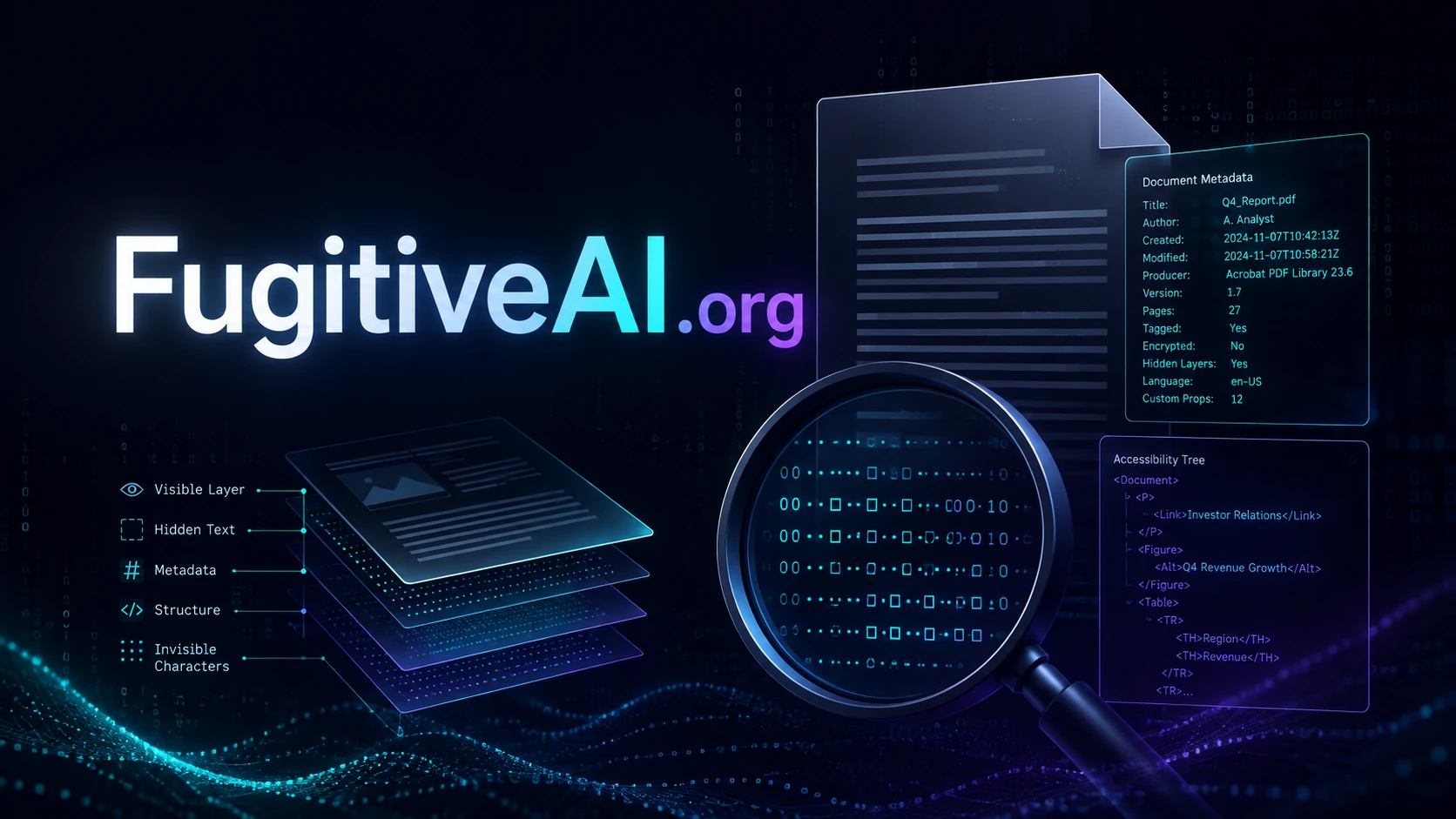 Forensic illustration of layered documents, metadata, hidden characters, and machine-readable structure.